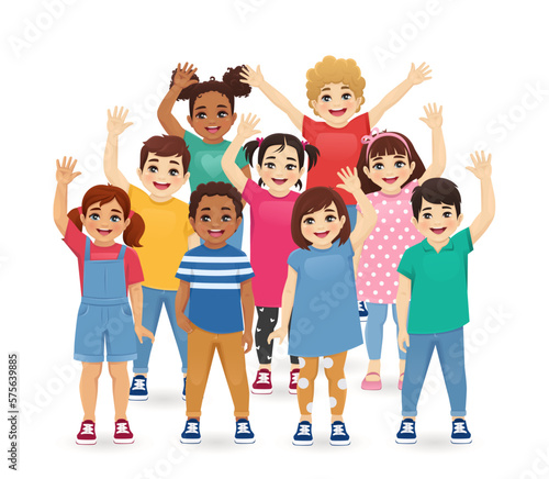 Group of smiling kids boys and girls waving hands isolated vector illustration. Multiethnic little children.