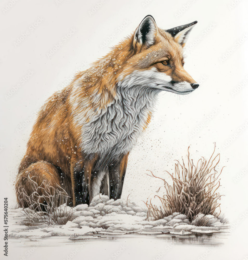 Obraz premium Generative AI illustration of beautiful watercolour and ink style painting of red fox vulpes vulpes on branch portrait