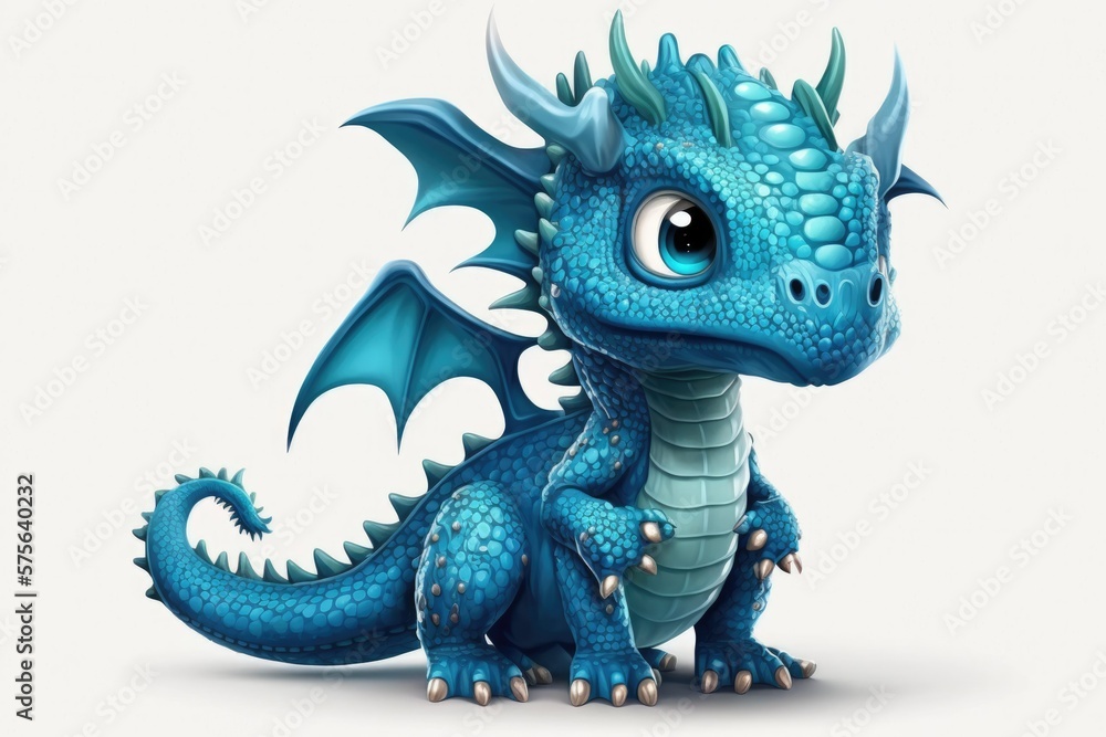 Cute cartoon small blue dragon character. Generative AI