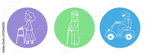 Senior man and women icons illustration  old people help line drawing picture thematic society