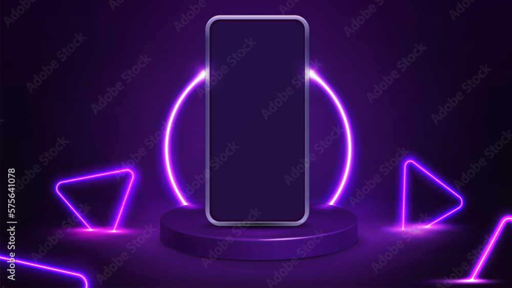 Smartphone on purple podium with line neon ring on background and neon purple triangles around. Smartphone on purple podium with line neon ring on background and neon purple triangles around.