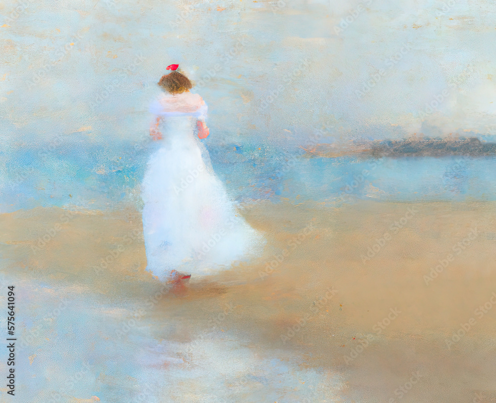 An impressionist style painting of a young woman's figure walking on a beach An impressionist style painting of a young woman's figure walking on a beach