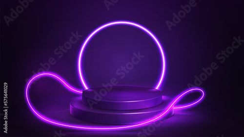 Purple podium with line neon ring on background and neon wave line lasers around. Illustration with abstract scene with purple neon frame