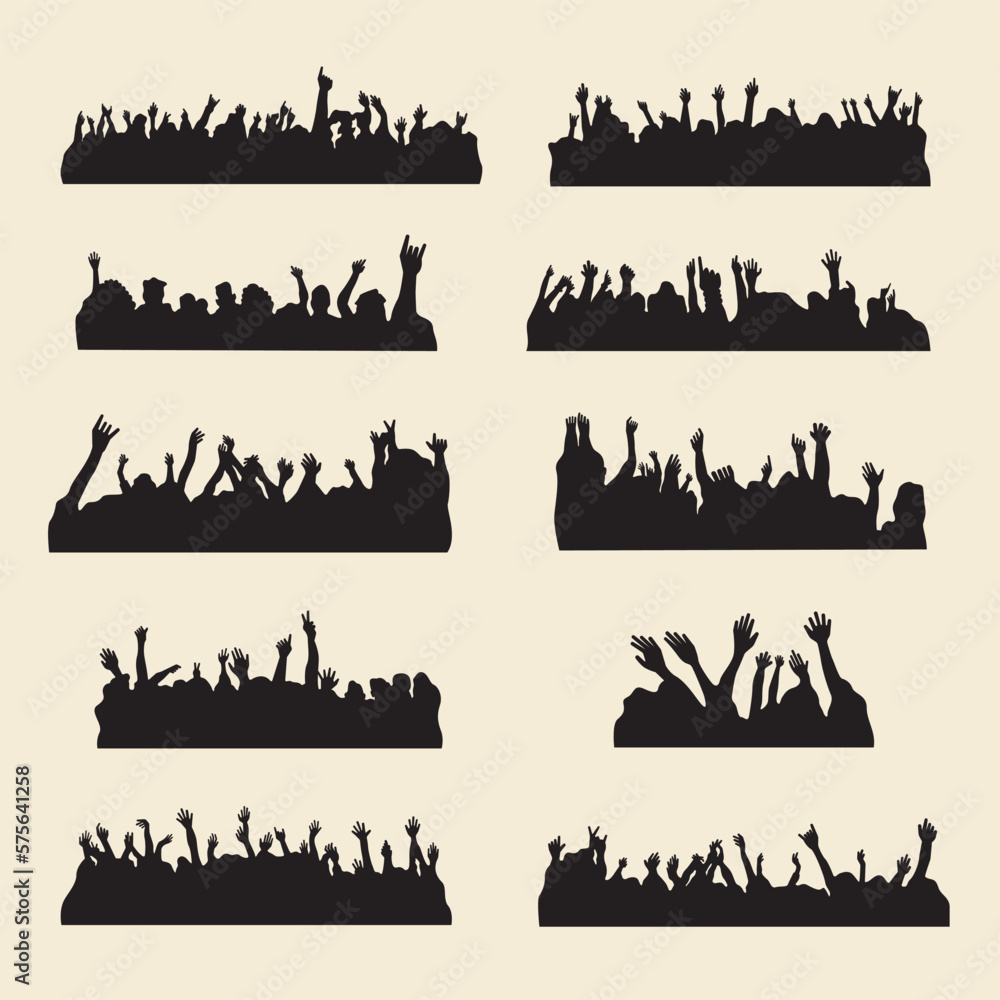 Cheerful crowd of people cheering applause, cheerful crowd silhouette, audience applause, silhouette of concert crowd, vector silhouette of a party crowd, disco concert