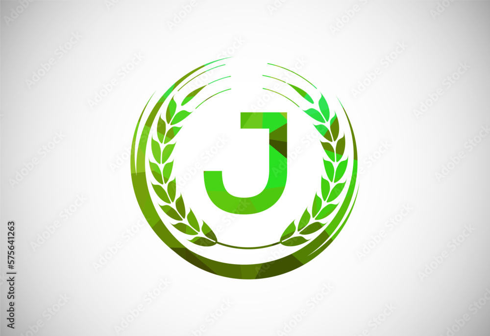 Alphabet J sign with a wheat wreath. Polygonal low poly organic wheat farming logo concept. Agriculture logo design vector template. Alphabet J sign with a wheat wreath. Polygonal low poly organic wheat farming logo concept. Agriculture logo design vector template.
