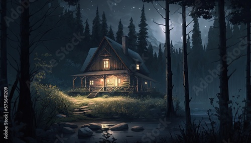 Cabin in the woods at night