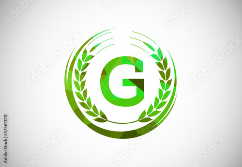 Alphabet G sign with a wheat wreath. Polygonal low poly organic wheat farming logo concept. Agriculture logo design vector template.