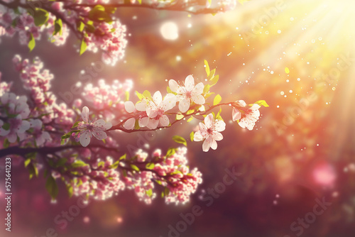 Spring tree flowers blossom, bloom in warm light, sun flare, selective focus,  Created using generative AI tools. © © Raymond Orton