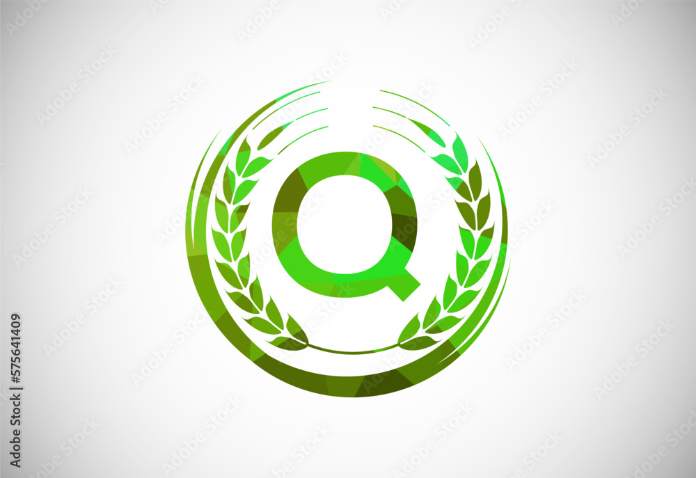 Alphabet Q sign with a wheat wreath. Polygonal low poly organic wheat farming logo concept. Agriculture logo design vector template. Alphabet Q sign with a wheat wreath. Polygonal low poly organic wheat farming logo concept. Agriculture logo design vector template.