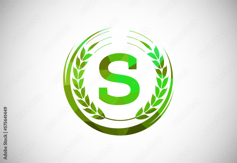 Alphabet S sign with a wheat wreath. Polygonal low poly organic wheat farming logo concept. Agriculture logo design vector template. Alphabet S sign with a wheat wreath. Polygonal low poly organic wheat farming logo concept. Agriculture logo design vector template.
