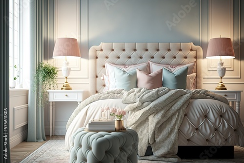 Bedroom in soft light colors. big comfortable double bed in elegant classic bedroom at home
