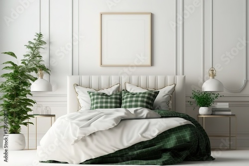 Home bedroom interior mockup with bed  green plaid  pillows and plants on empty white wall background. 3D rendering