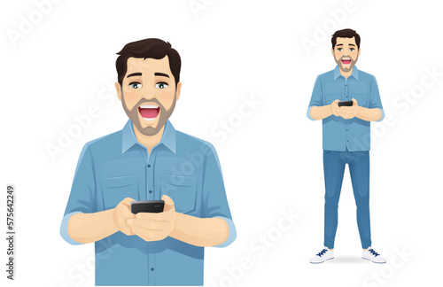 Surprised handsome man looking to the phone in his hands vector illustration 