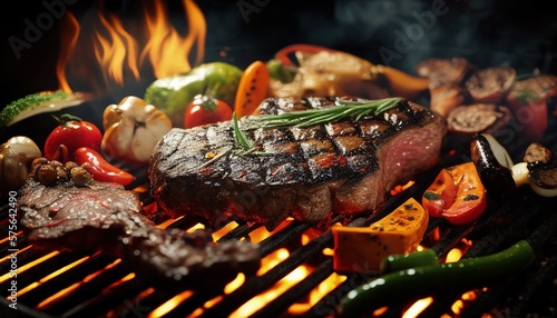 Fotografiet Delicious grilled meat with vegetables sizzling over the coals on a barbecue