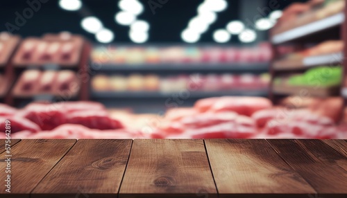 Wood table top over blur background of the supermarket with meat products on the shelf. Generative AI.