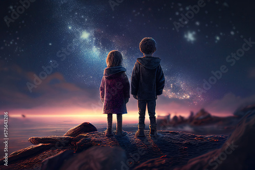 Boy and girl stand on rocky cliff and look at night sky. Silhouettes of children against beautiful landscape. Romantic feelings and emotions of couple. Created with Generative AI