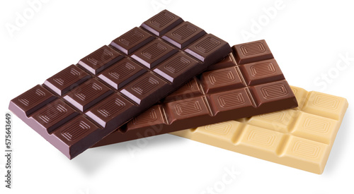 Tableau sur toile Dark chocolate bar above, milk chocolate bar in middle and white chocolate bar b