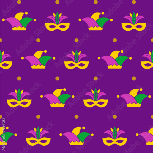 Mardi Gras seamless pattern with masks with feathers and jester s hats. Abstract background.