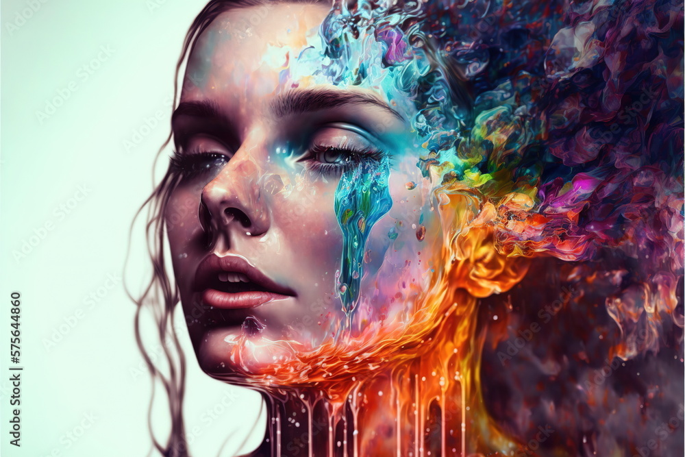 Wondrous illustration portrait woman with colorful iridescent exploding ...