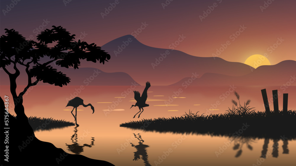 Beautiful sunset in lake with hills flamingo and trees