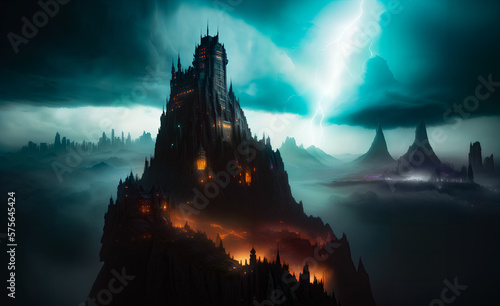 Mysterious medieval castle, Spooky old gothic castle, foggy night, dreamy. Ai generated image.