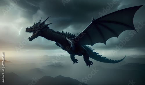 Gorgeous Black Fantasy flying Dragon With Wings. Ai generated image.