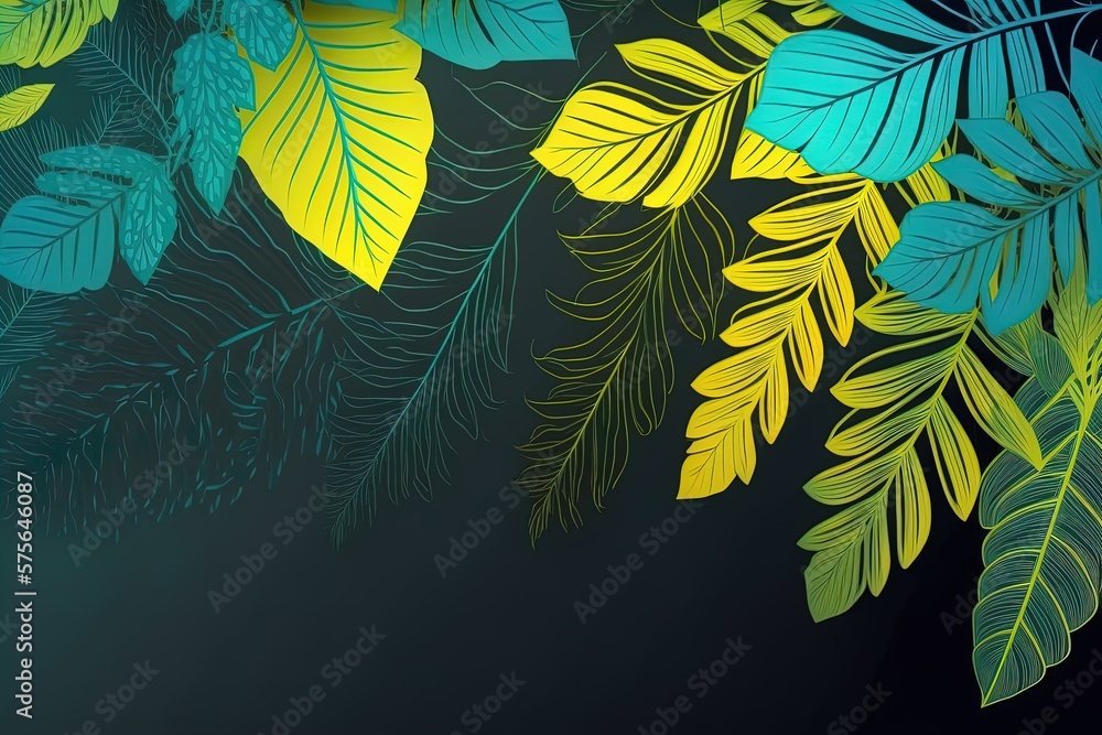 Tropical leaves in minimal style green yellow colored with empty space. Neon style digital art jungle leaves for summer design.