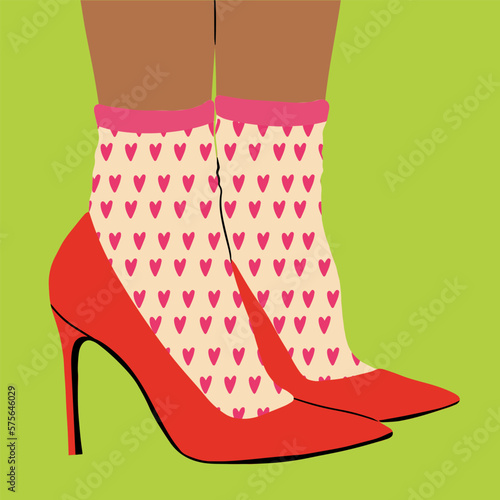 Women's legs in high-heeled shoes and funny, multi-colored, fashionable, retro socks. Vector illustration in cartoon style