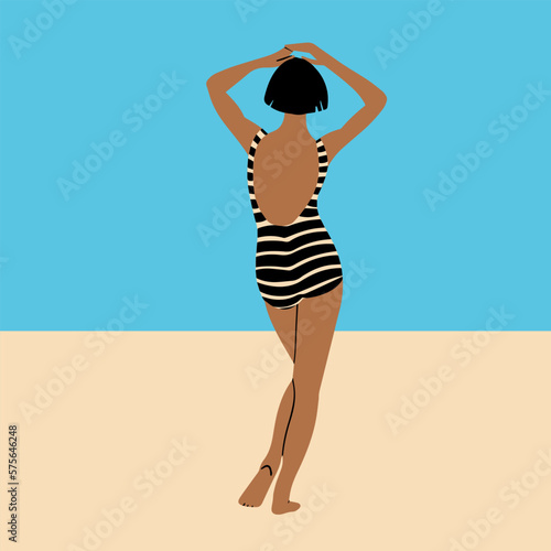 A slender, tanned girl in a striped swimsuit stands on the beach. Vector illustration in a flat, cartoon style. The concept of summer, vacation, vacation, relaxation, travel
