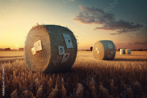 olden Harvest: Stock Illustration of Hay Bales at Sunset. Ai generated.