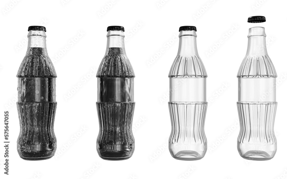 3D glass bottle for water, soda or carbonated drink with a volume of 330ml. Mock up of empty and full bottle closed with a lid on a isolated background. 3d rendering illustration. 3D glass bottle for water, soda or carbonated drink with a volume of 330ml. Mock up of empty and full bottle closed with a lid on a isolated background. 3d rendering illustration.