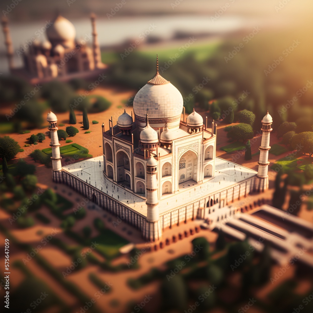 Zoomed out tiltshift drone studio picture of a Low Poly taj mahal in
