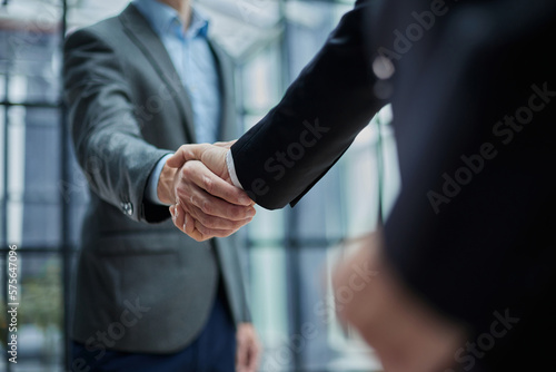 Print op canvas Two diverse professional business men executive leaders shaking hands at office