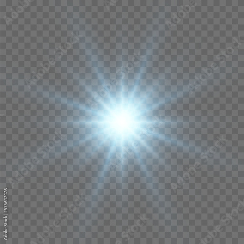 Blue sunlight lens flare, sun flash with rays and spotlight. Glowing burst explosion on a transparent background. Vector illustration.