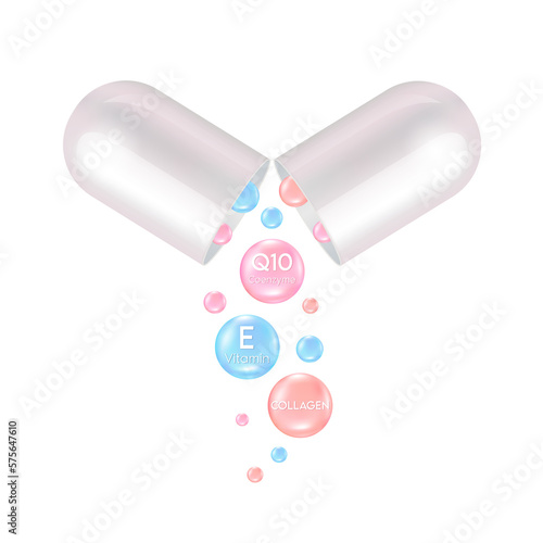 Serum capsule. Collagen, vitamin E and Coenzyme Q10. Acid toner and serum pink. Use for face skin rejuvenation, beauty products medical concepts. Realistic 3D file PNG.