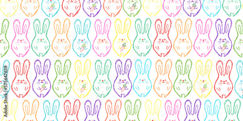 Easter bunny background. Chalk Children drawing rabbits hand drawn wax crayons art on white. Crayon style bunny backdrop. Color pastel crayons freehand drawn bunnys background. Fabric Easter texture. 