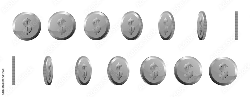 Spin silver coin on transparent background, set of rotation icons at different angles for animation. 3d silver coin. Vector illustration on transparent background Spin silver coin on transparent background, set of rotation icons at different angles for animation. 3d silver coin. Vector illustration on transparent background