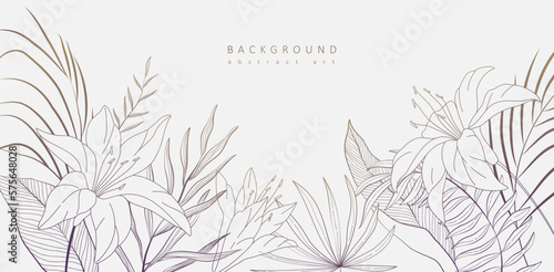 Botanical line bakground with flowers and leaves. Floral foliage for wedding invitation, wall art or card template. Vector illustration. Luxury rustic trendy art