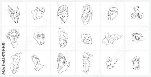 Vector set of logo with antique sculptures. Vector illustration with classical Sculpture for card poster T-Shirt or printing. Contemporary hand drawn mythical collection in line design style. Vector