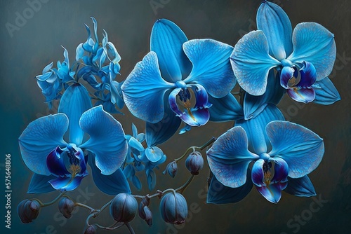 Elegant blue orchids on foggy grey background. Mysterious garden theme. AI image