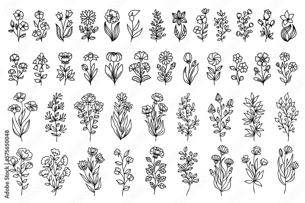 Line art hand drawn, doodle flower designs. Big floral set with thin line flowers. You can use this design for printing, web, decorating in different compositions, postcards, invitations and so on.