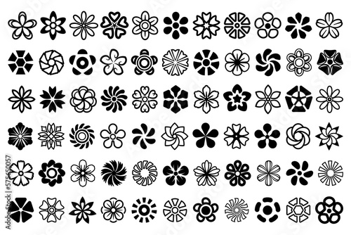 A vector collection of floral design elements. Set of digital graphics with black floral ornament designs. Flower illustrations, icons, symbols isolated on white background.