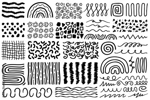 Abstract doodle design elements. Black doodle patterns isolated on white background,. Abstract patterns and decorations, vector set.
