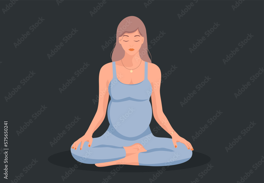  Beautiful pregnant woman meditating in lotus pose.