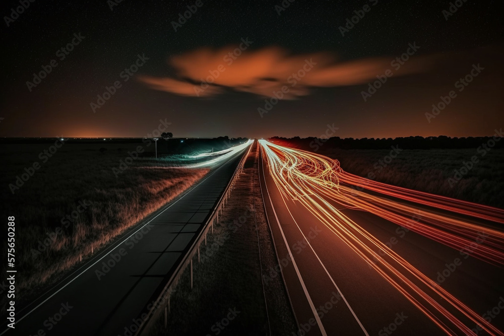 Night Rush: Long Exposure Highway Stock Photo. AI generated.