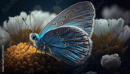 Blue Butterfly on Flower Petal. Created with generative AI technology.