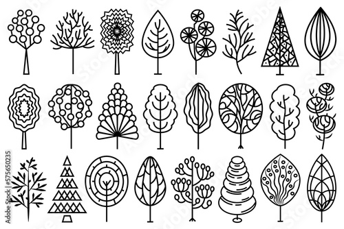 Line art stylized, decorative trees. Abstract line drawing, doodle tree decorations set. 