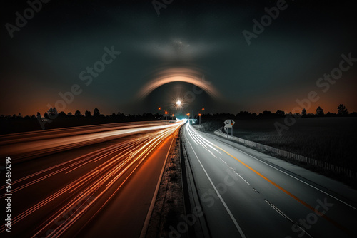 Night Rush: Long Exposure Highway Stock Photo. AI generated.