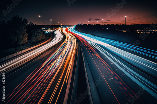 Night Rush: Long Exposure Highway Stock Photo. AI generated.