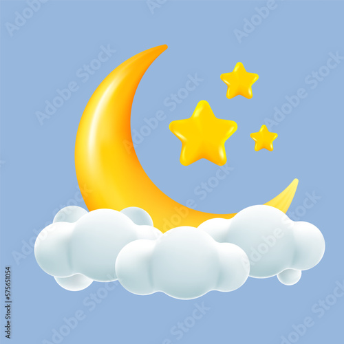 3d cute yellow gold crescent moon stars with clouds. Dream, lullaby, dreams background design for banner, booklet, poster.